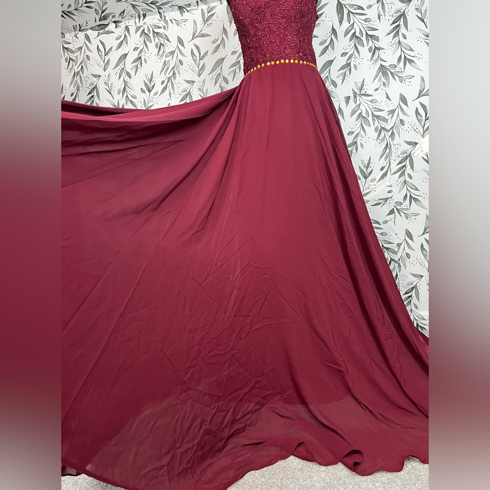 Burgundy Lace Bodice Evening Gown Flowing Chiffon Skirt Prom Cocktail Sz M NWT D - Picture 8 of 13